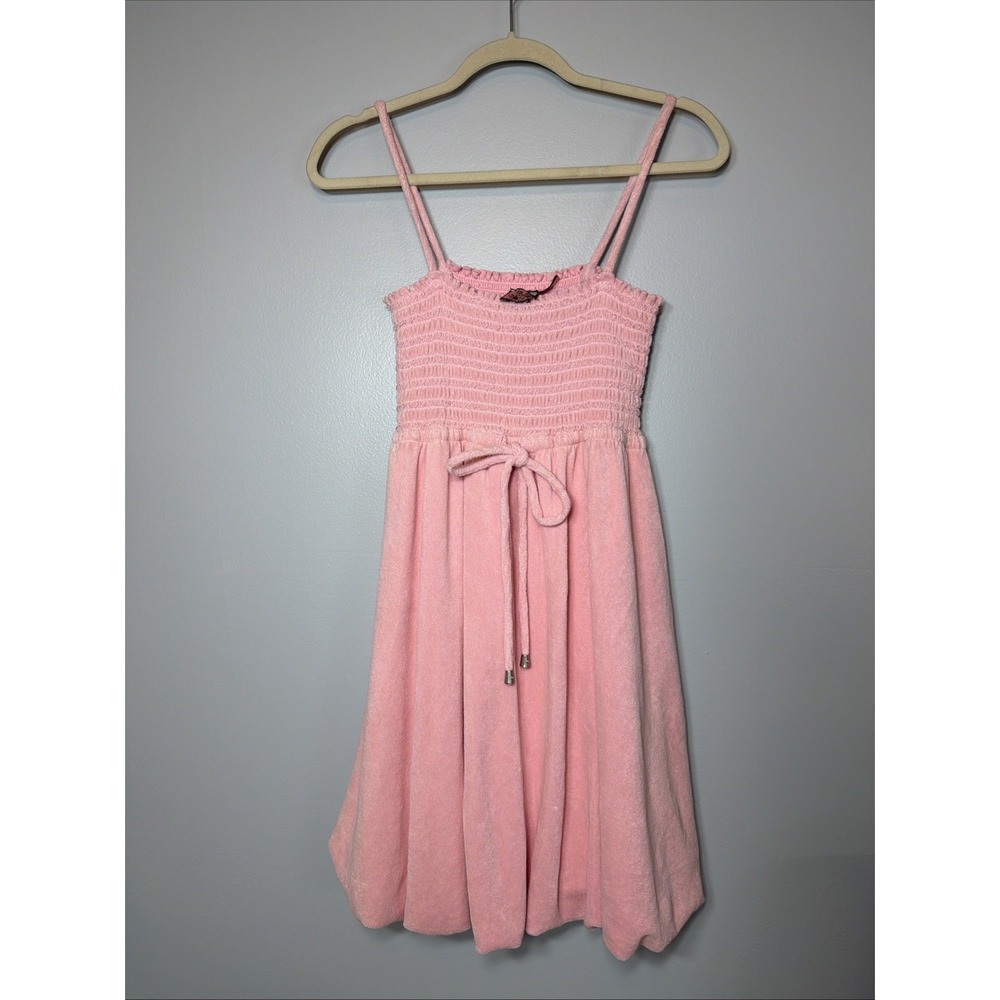 Y2K VTG Juicy Couture Smocked Babydoll Bubble Hem Terry Cloth Mini Dress Pink L